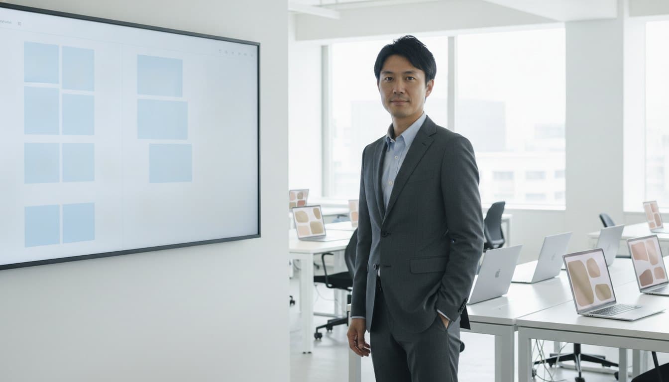 公開されたサイトを画面に映しながら、こちらを向いて立っている男性