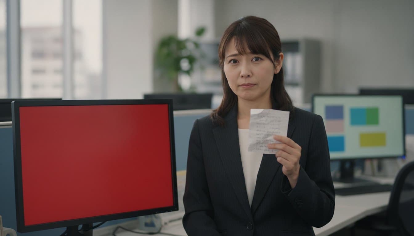 エラーの出た画面とメモを見比べながら、こちらを向いている女性の開発者
