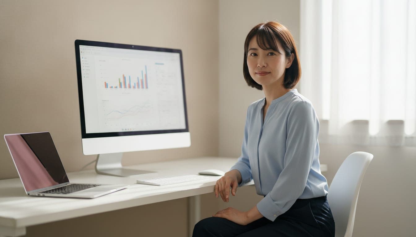 アクセス解析のダッシュボードを映したモニターの前で、こちらを向いて座っている女性