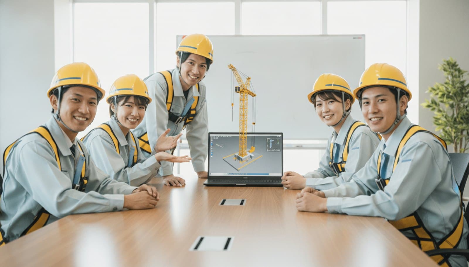 明るい会議室で、ヘルメット姿の若手作業員たちがノートPCの3Dクレーン画面を見ながら安全教育を受けている