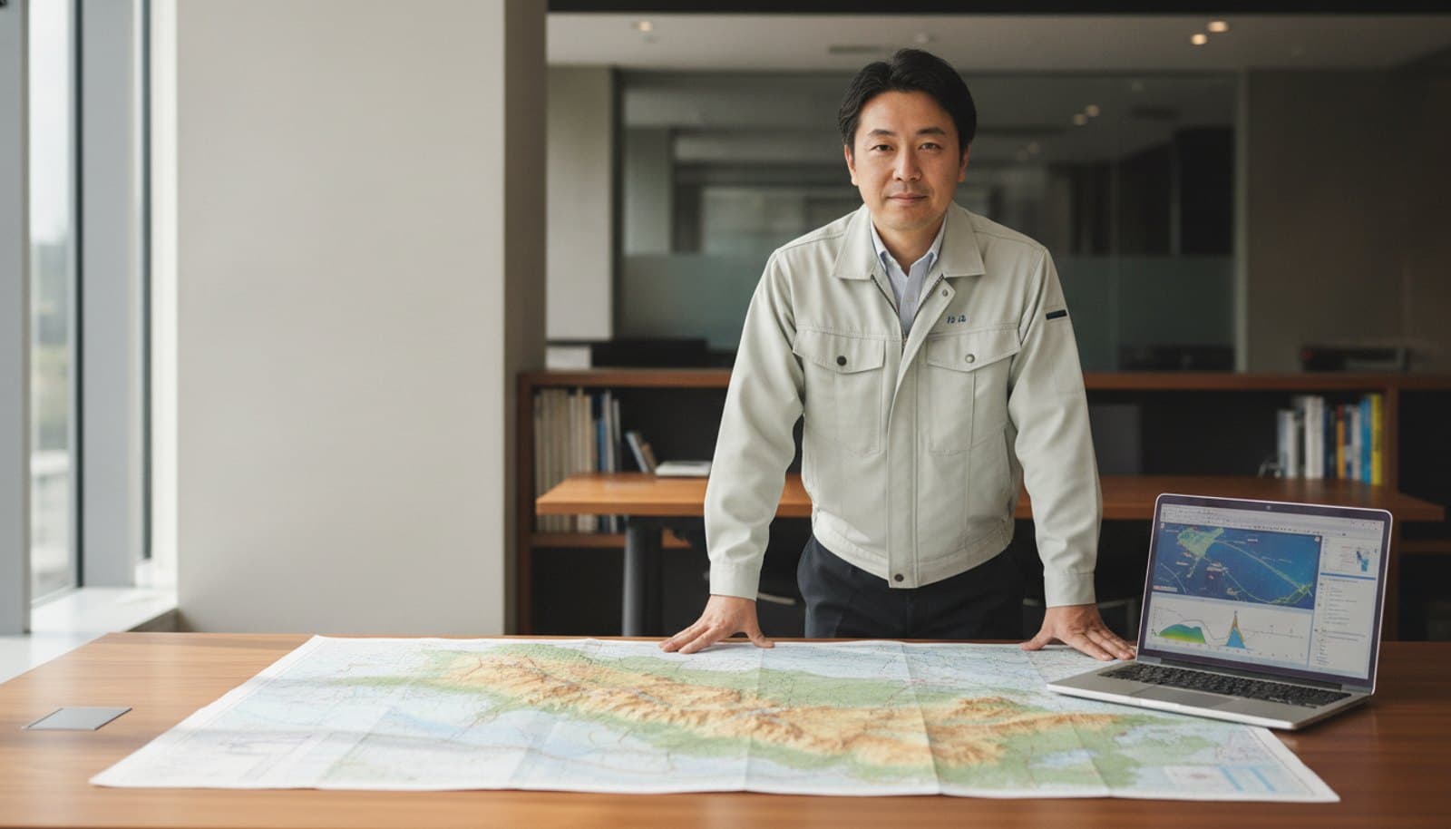机に地形図を広げ、標高データを表示したノートPCを傍らに置いて立つ男性エンジニア