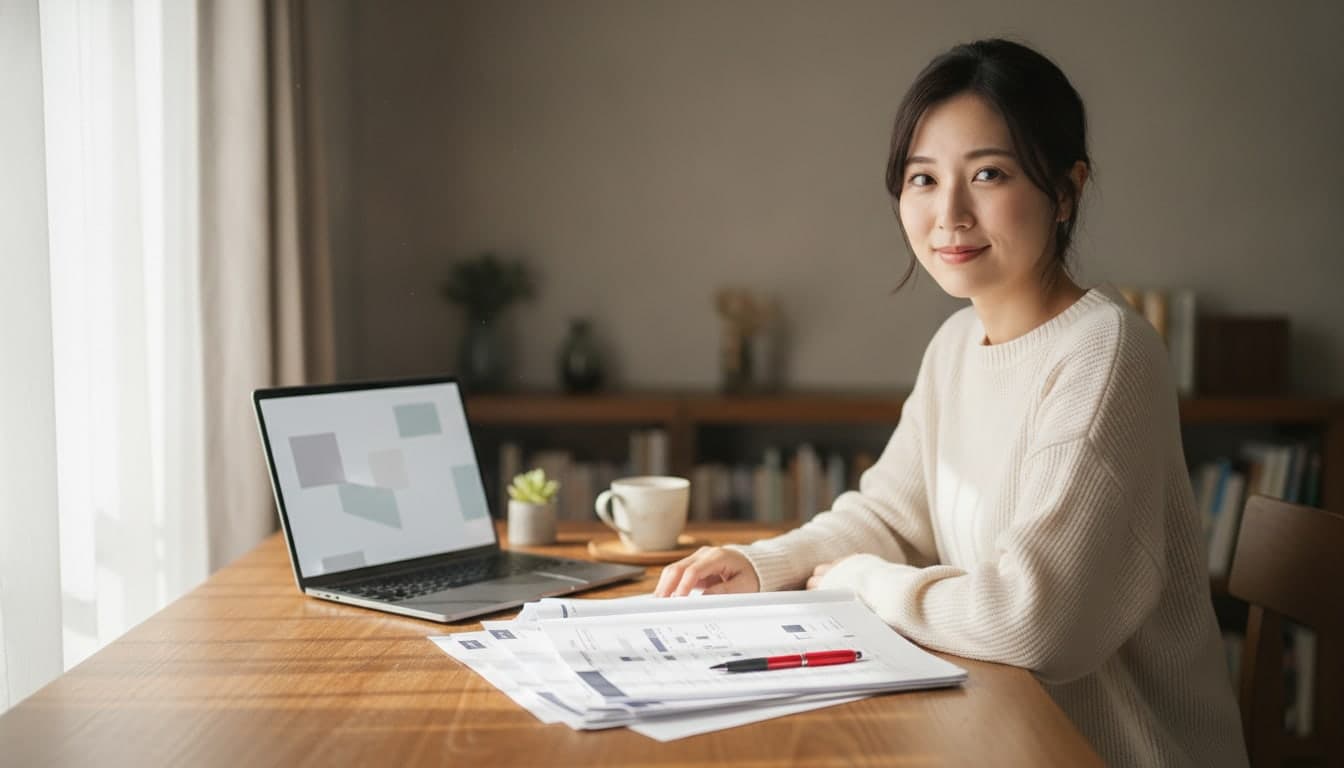 木の机に印刷した原稿と赤ペンを広げ、ノートPCの前でこちらを向いてほほえむ女性の編集者