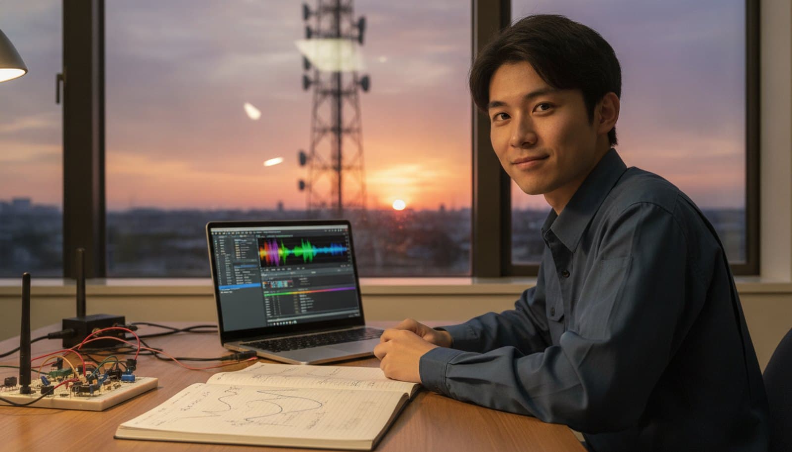 夕暮れの窓辺で、グラフを表示したノートPCに向かって無線工学を学ぶ学生。遠くに通信鉄塔が見える