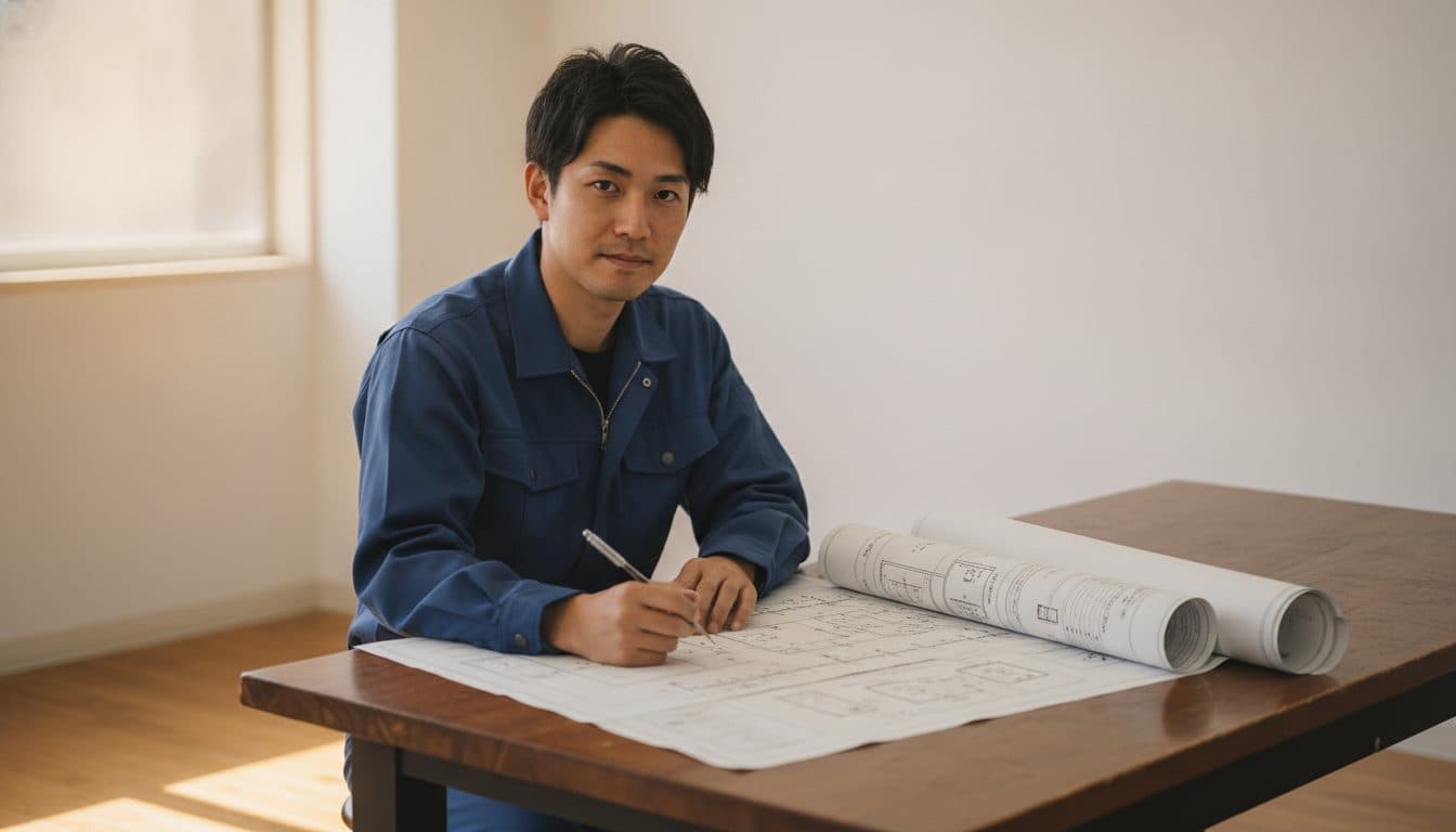 作業机に公表問題の単線図を並べ、どの問題から練習するか考えている作業着姿の受験者