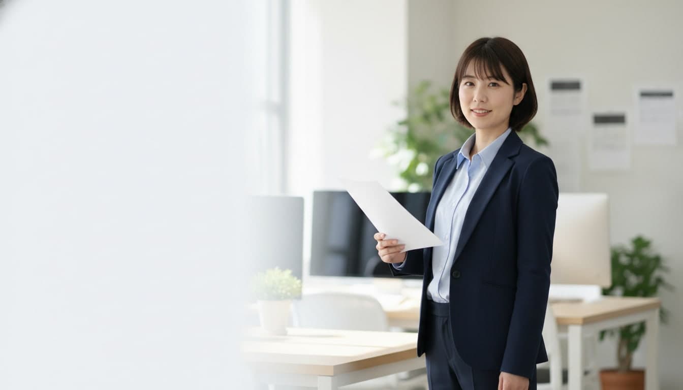 明るい小さなオフィスで、1枚の紙を手に持ってこちらを向いて立つ女性のチームリーダー
