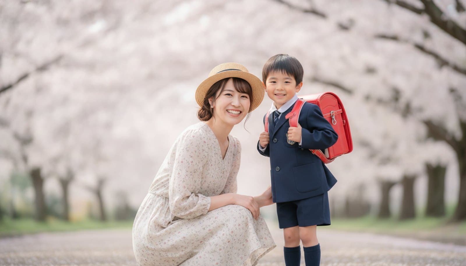 桜の下で、ランドセルを背負った子どもに寄り添ってしゃがみ、笑顔を向ける母親