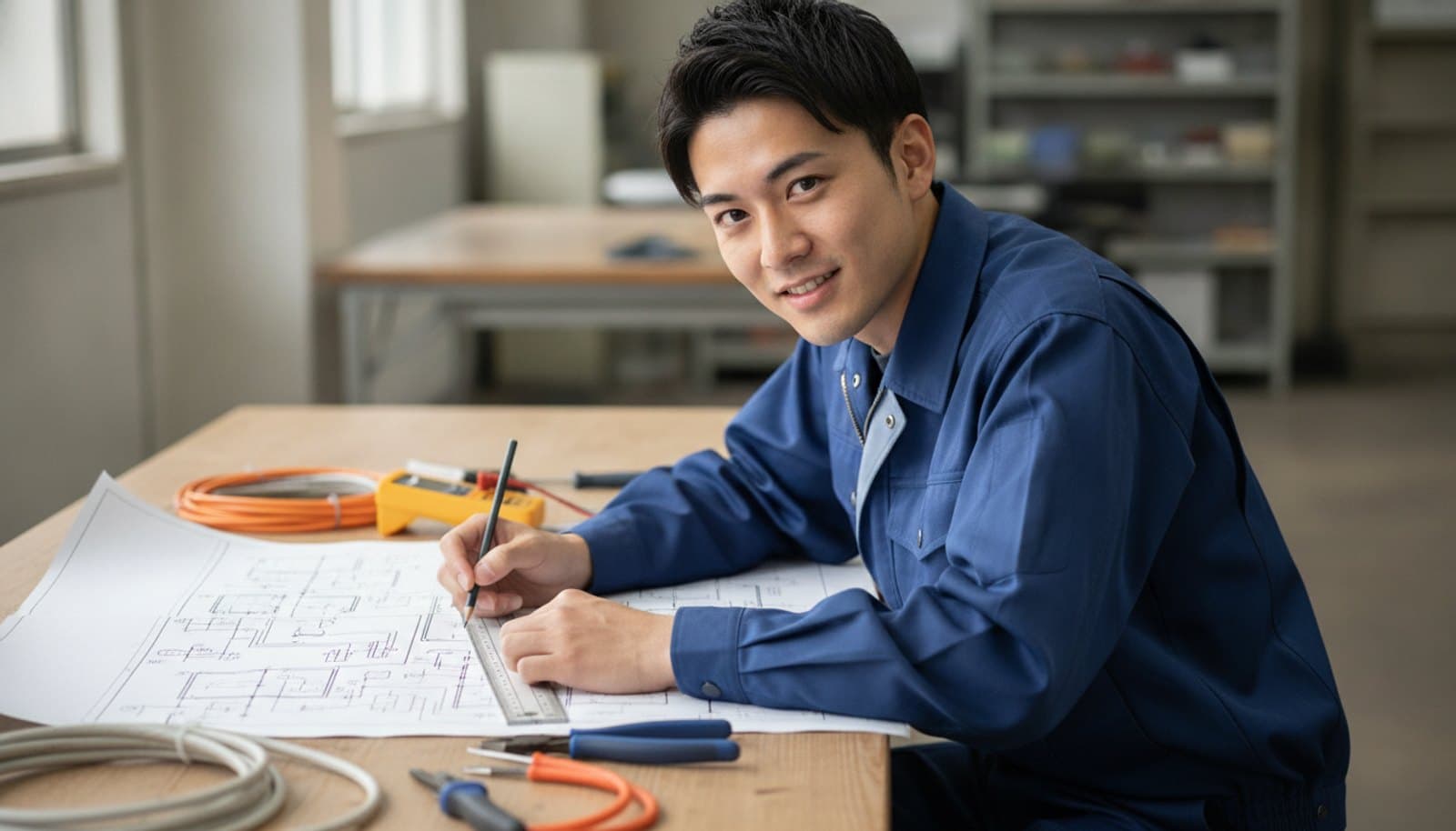 作業着姿の若い技術者が、机で鉛筆と定規を使って複線図を描く練習をしている