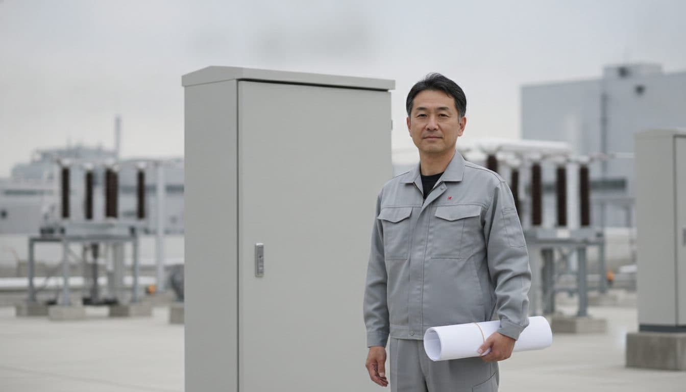 キュービクルの前で図面を広げ、機器の構成を確認している作業服姿の日本人技術者