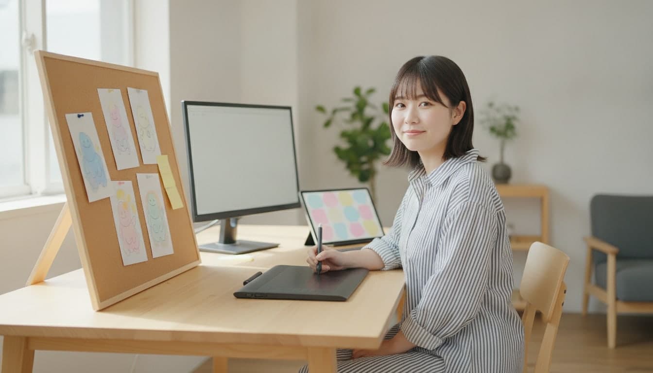 淡い色のキャラクターのスケッチを貼ったボードの前で、ペンタブレットを使いながらこちらを向いてほほえむ女性のイラストレーター