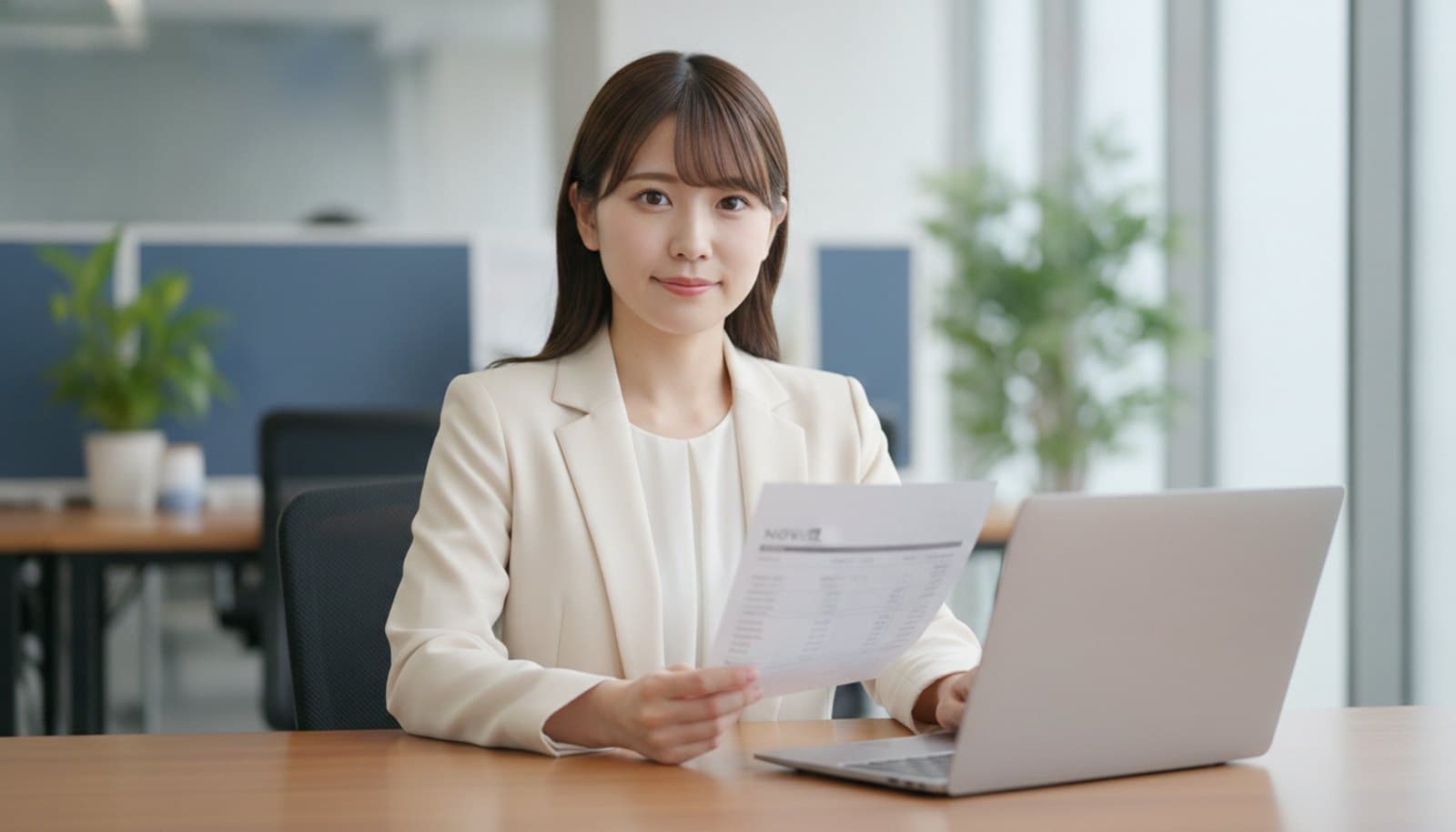 明るいオフィスで、手元の伝票とノートPCの数字を見比べている女性