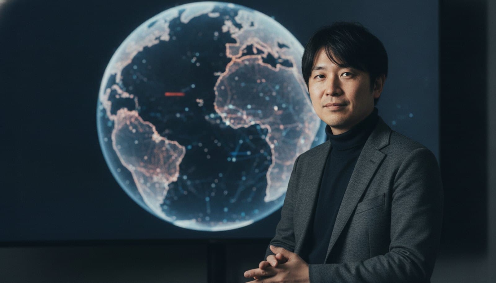 球体の可視化を映す大画面に照らされた薄暗い部屋で、画面の前に立つ男性エンジニア