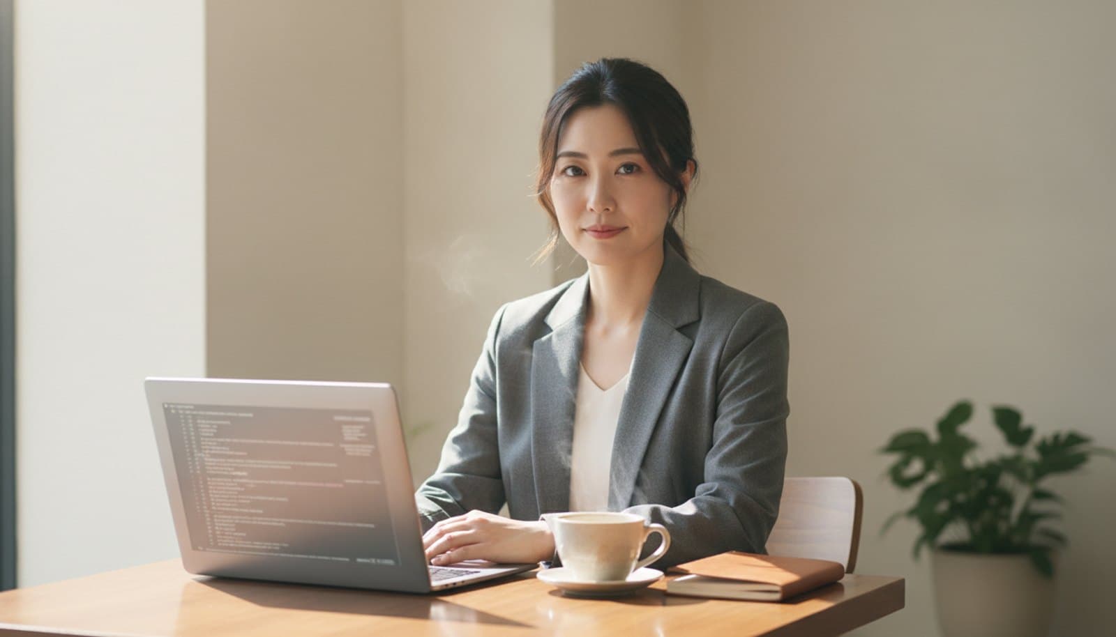 静かなカフェの席で、ノートPCに向かう女性エンジニア