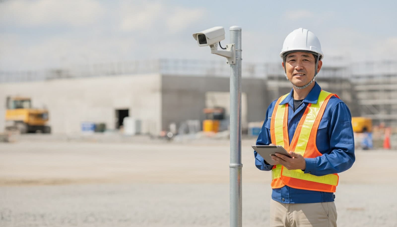 晴れた建設現場で、監視カメラを取り付けたポールの横に立ち、タブレットを手にこちらを見る白いヘルメットと安全ベスト姿の現場監督