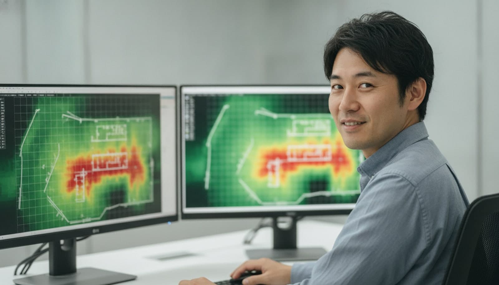 2台のモニターに緑と赤で塗り分けられた現場のカバレッジ図を表示した机で、こちらを向いて微笑む男性エンジニア