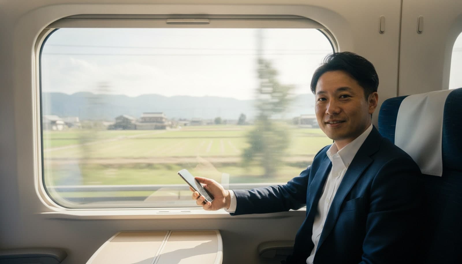 新幹線の窓際の席でスマートフォンを手にし、こちらへ微笑む紺のスーツの男性。窓の外には田園風景が流れている