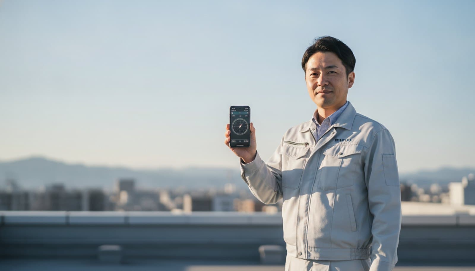 晴れた屋上で、方位表示を映したスマートフォンを手にかざす男性エンジニア