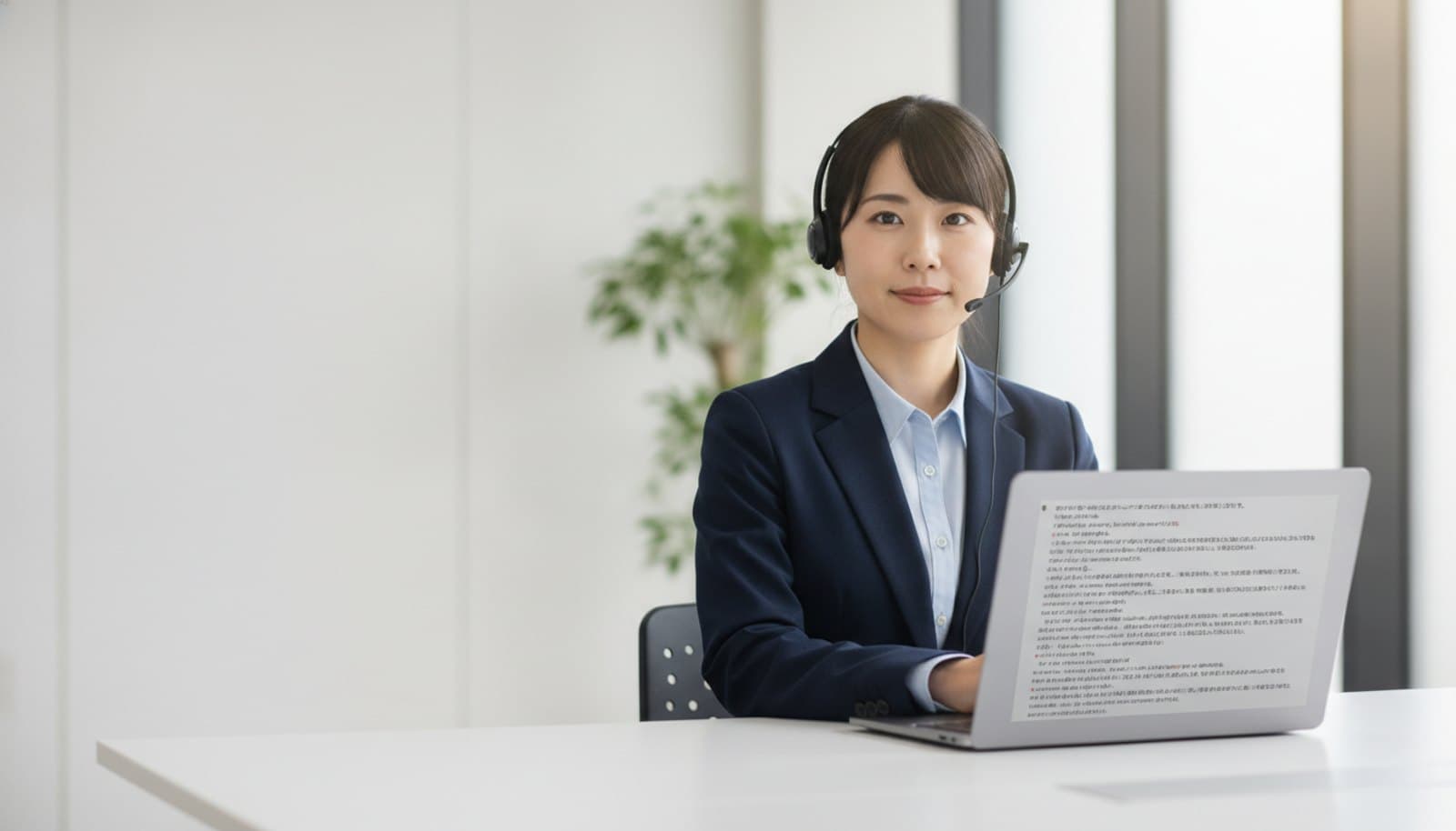 明るい会議室で、ヘッドセットを着けてノートPCの文字起こし画面に向かう女性エンジニア