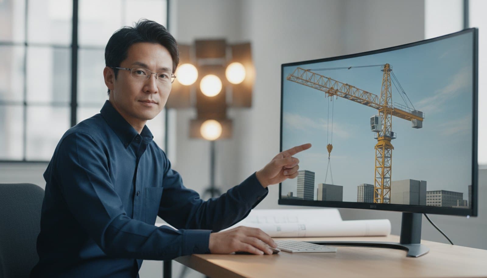 大型モニタに映した3Dのクレーンを指さしながら机に向かう男性エンジニア