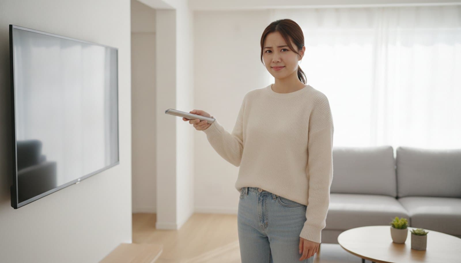 明るいリビングで、リモコンを手にテレビの前に立つ女性
