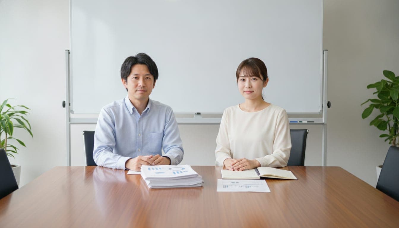 会議机に広げた印刷物を挟んで、2台のノートPCの前に座りこちらを向いている男女の開発者