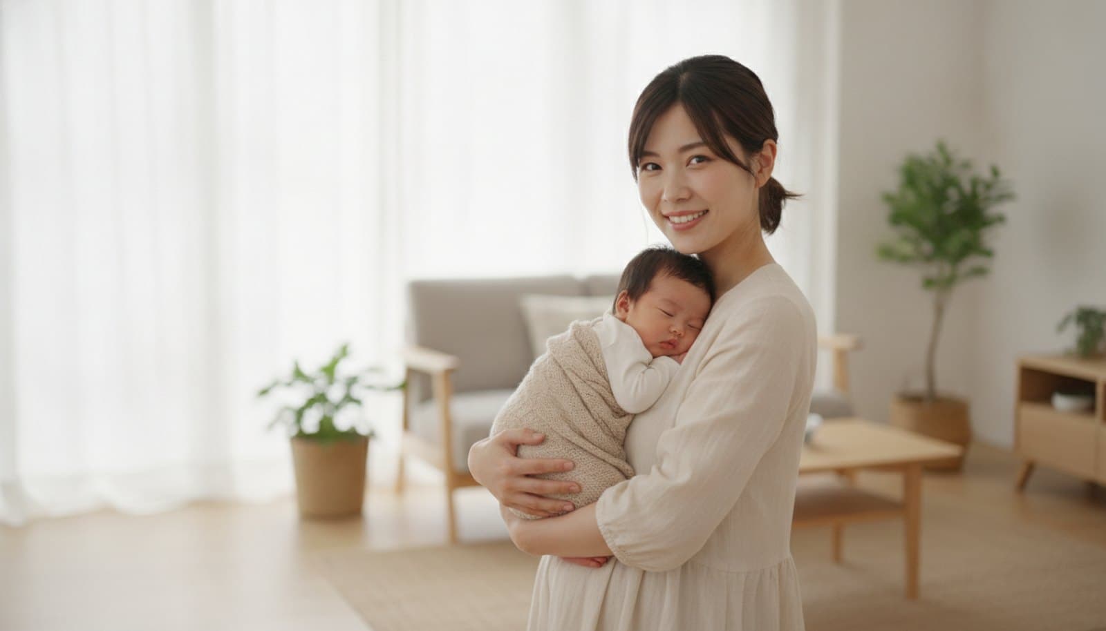明るいリビングで、生まれて間もない赤ちゃんを胸に抱き、やわらかく微笑む母親