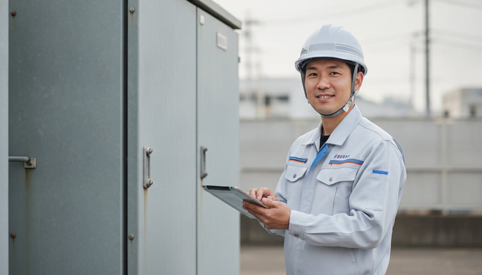 屋外のキュービクル式受変電設備の前で、点検用タブレットを持つ電気技術者