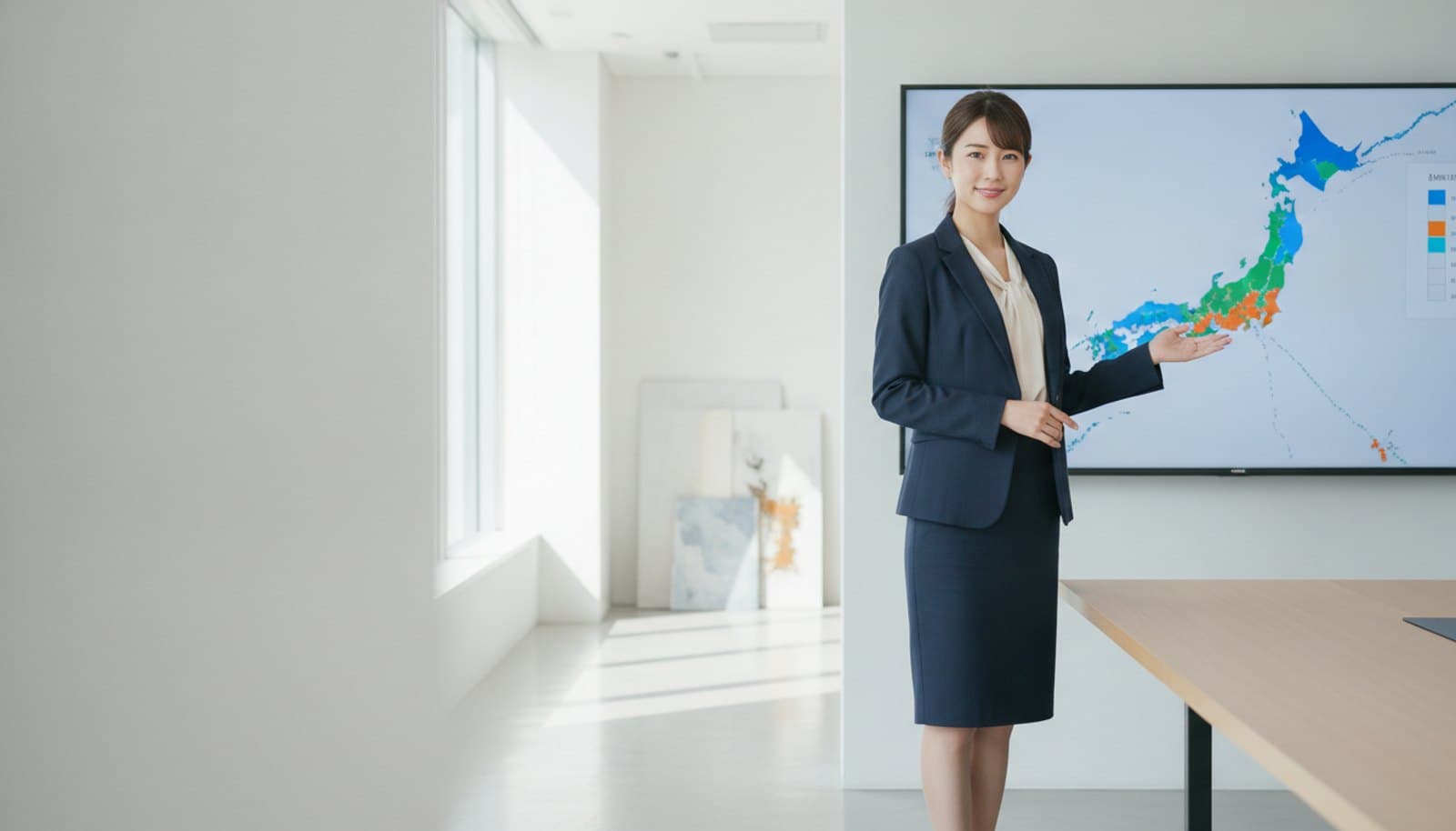 明るい会議室で、日本地図のスライドを示しながらプレゼンする女性