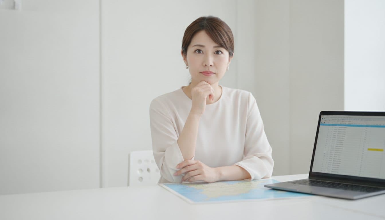 オフィスの机で、都道府県別の数値が並んだ表計算の画面と塗り分け地図を見比べている女性