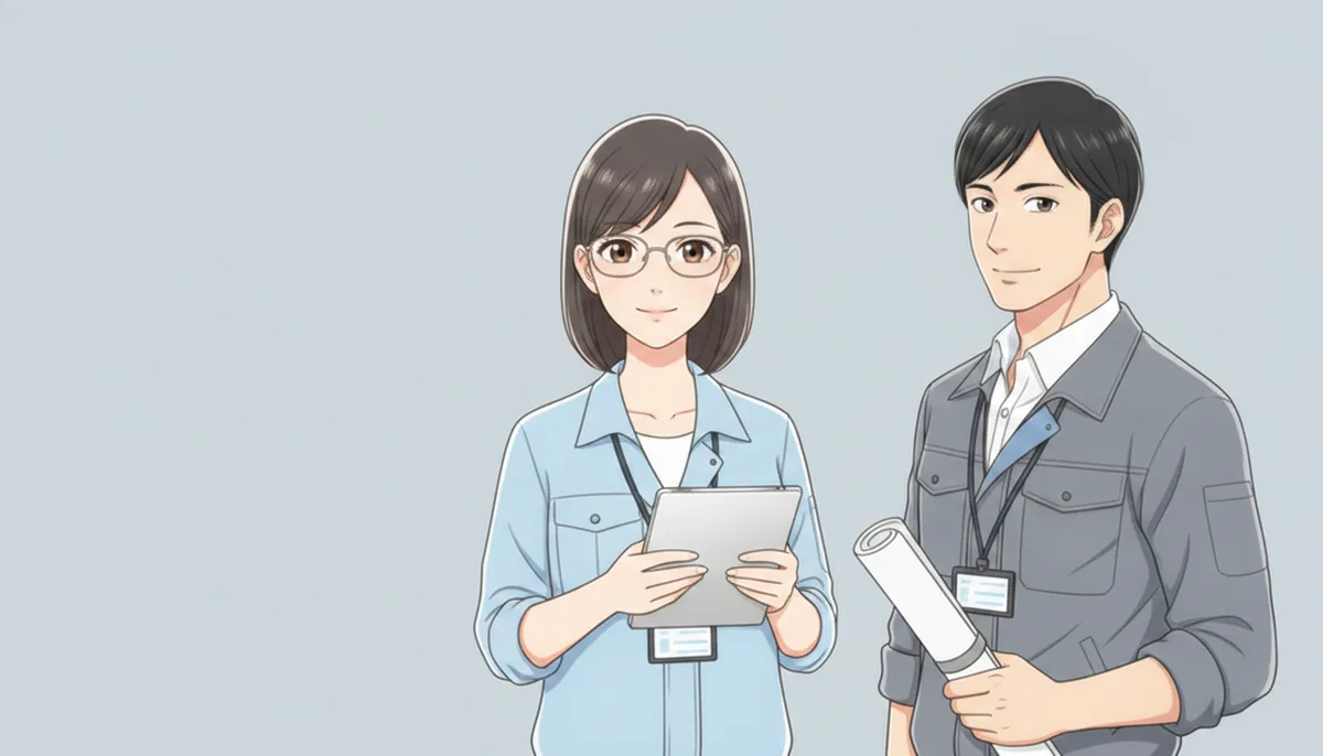 BenriWorks Labの案内役。タブレットを持つ女性と図面を持つ男性
