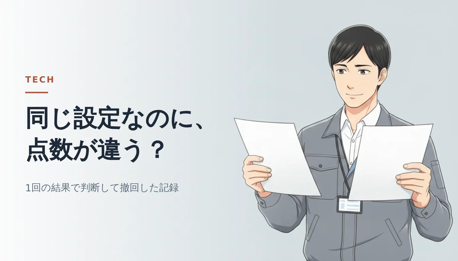 案内役の男性が2枚の白い紙を左右の手に持って見比べているバナー。「同じ設定なのに、点数が違う？」「1回の結果で判断して撤回した記録」というコピーが入っている