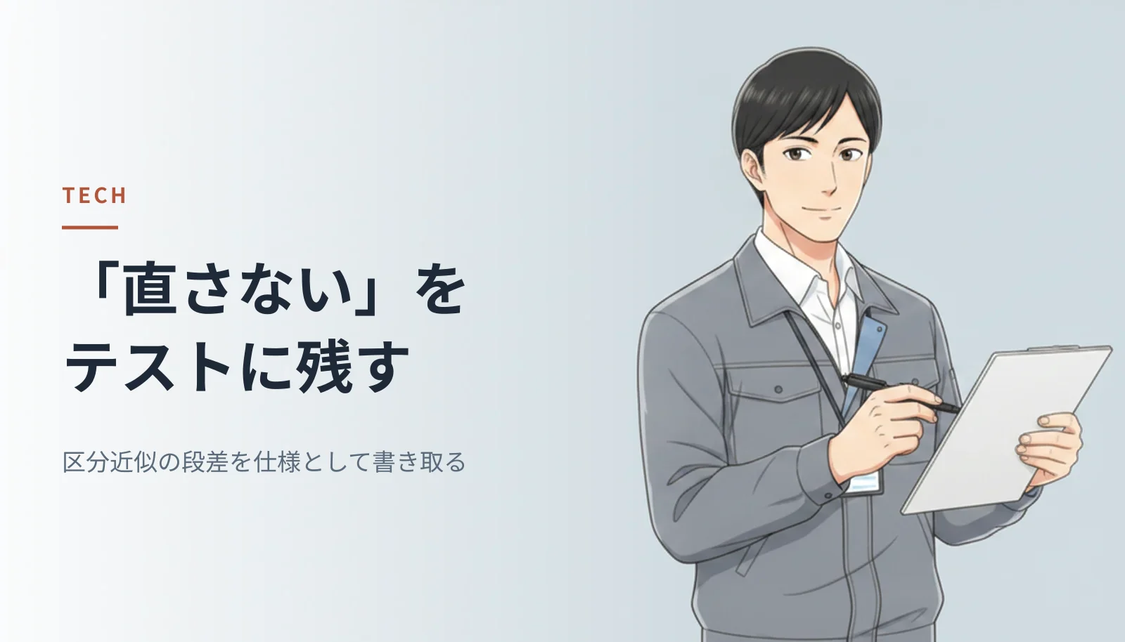 作業ジャケット姿の男性エンジニアがクリップボードを指さしているイラスト。左に「「直さない」をテストに残す 区分近似の段差を仕様として書き取る」というキャッチコピーが入っている