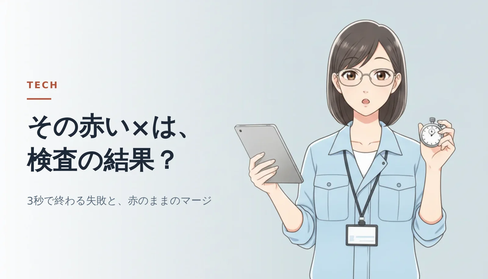 案内役の女性がタブレットとストップウォッチを持ち、驚いた表情で立っているバナー。「その赤い×は、検査の結果？」「3秒で終わる失敗と、赤のままのマージ」というコピーが入っている