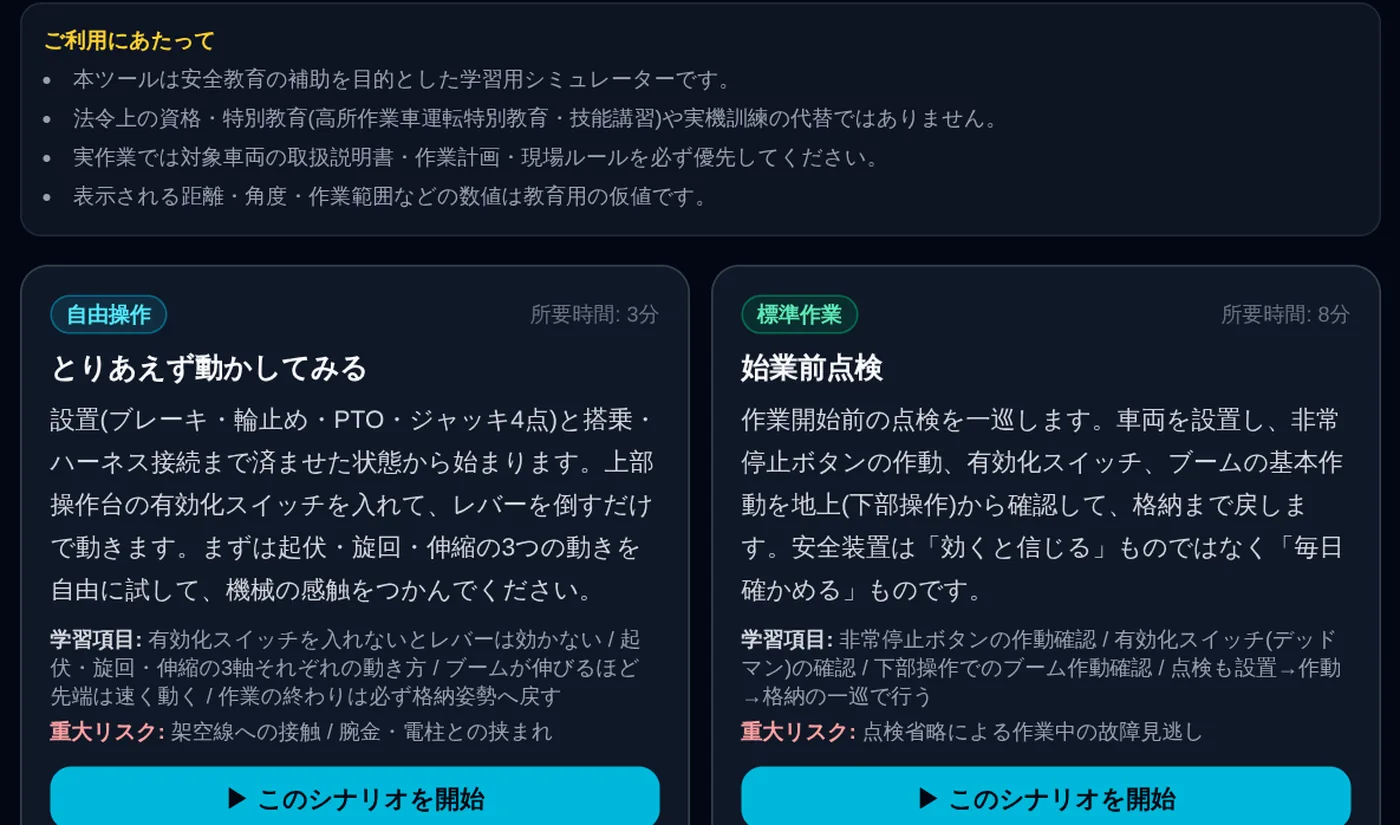 高所作業車シミュレーターのシナリオ選択画面。冒頭の「ご利用にあたって」に、本ツールは安全教育の補助を目的とした学習用シミュレーターであること、法令上の資格・特別教育や実機訓練の代替ではないこと、実作業では取扱説明書・作業計画・現場ルールを優先すること、表示される数値は教育用の仮値であることが列挙されている。その下に「自由操作」「標準作業」のタグが付いたシナリオカードが並び、それぞれ学習項目と重大リスクが書かれている