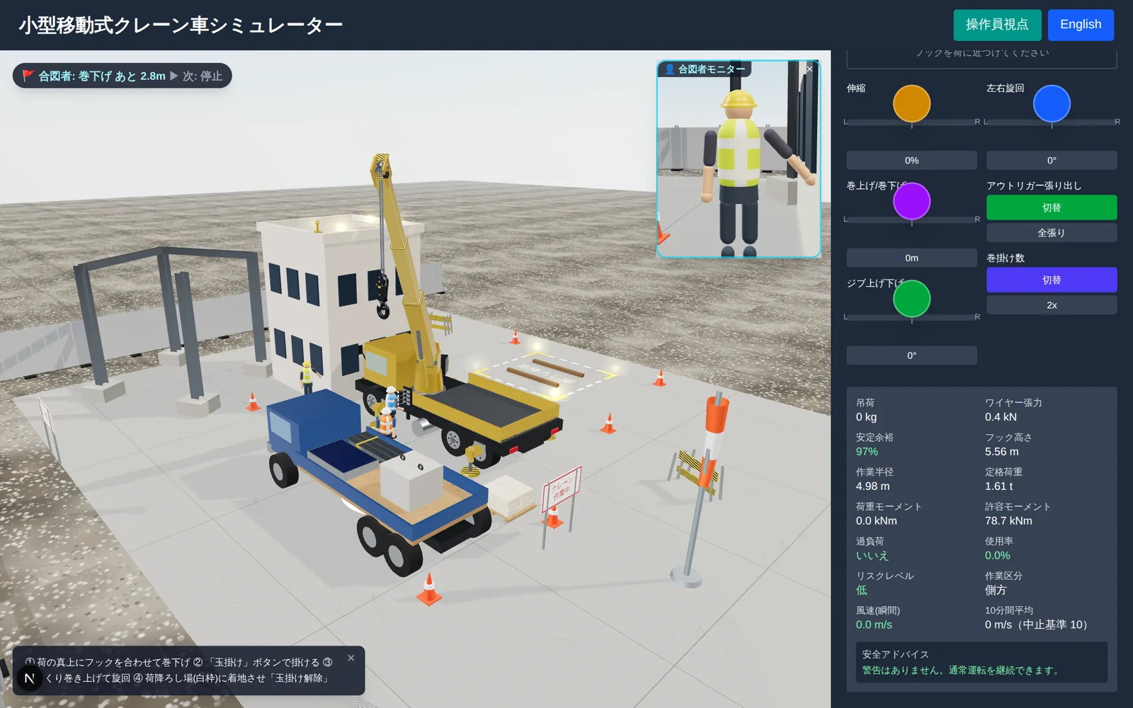 移動式クレーン安全シミュレーターの画面。左に3Dの現場とブームを伸ばしたクレーン、右の計器パネルに作業半径4.98メートル、定格荷重1.61トン、安定余裕97パーセント、許容モーメント78.7キロニュートンメートルが表示されている
