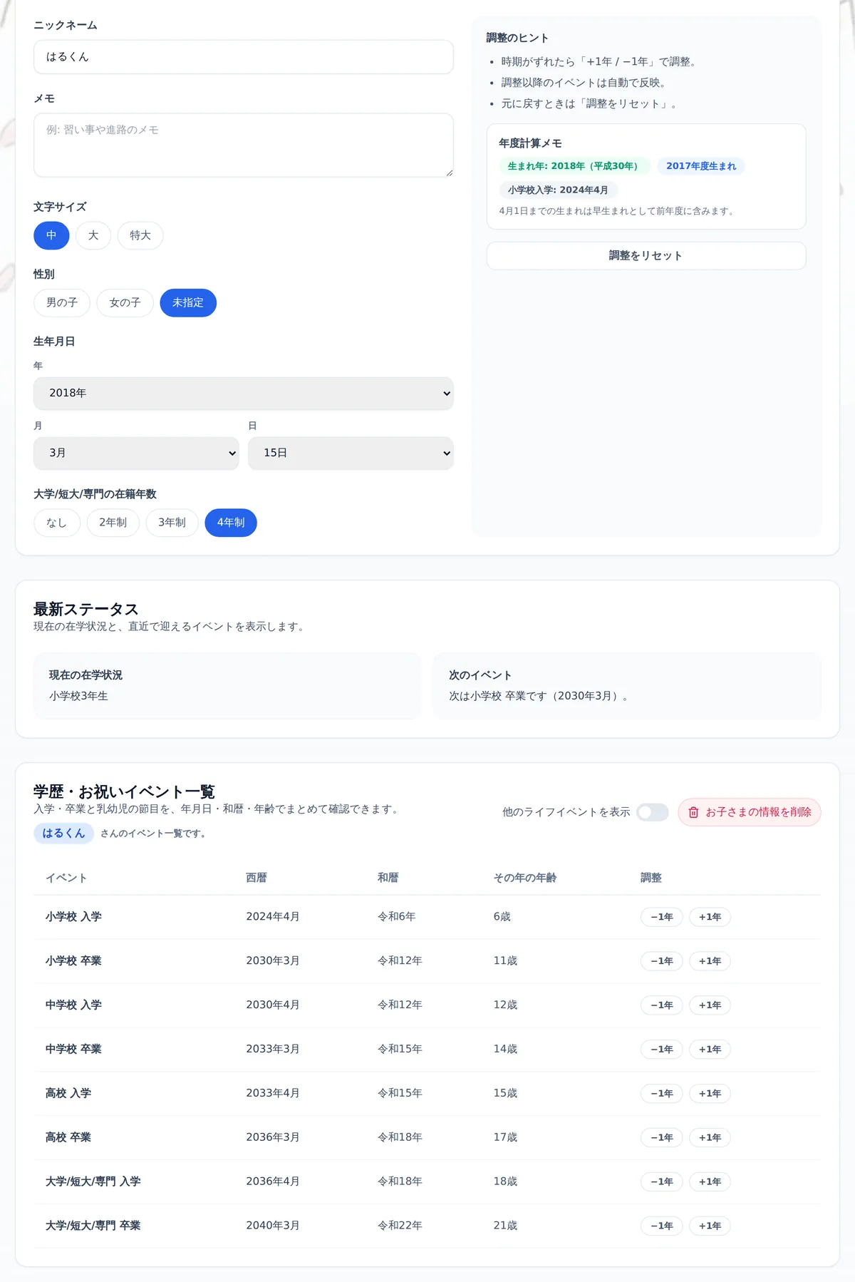 学歴早見表のトップ画面。生年月日に2018年3月15日を選ぶと、年度計算メモに「2017年度生まれ」「小学校入学: 2024年4月」と表示され、下の一覧に小学校入学2024年4月から大学卒業2040年3月までの西暦・和暦・その年の年齢が並んでいる