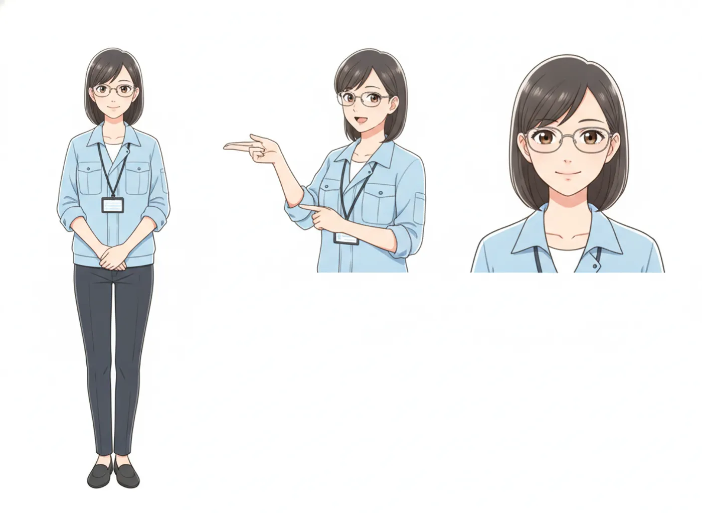 案内役の女性エンジニアの設定画。肩までの濃い茶色の髪に細いフレームの眼鏡をかけ、袖をまくったライトブルーの作業シャツと白いTシャツ、首から下げたIDカードという服装で、正面の全身、指をさして説明するポーズ、顔の近くの3つを並べている