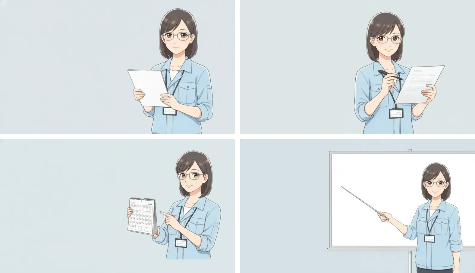 同じ女性の案内役を4つの場面で描いた場面画を2列2段に並べた画像。紙を両手で持って立つ場面、ペンを持って書類を見る場面、カレンダーを指さす場面、ホワイトボードを指し棒で示す場面で、どれも眼鏡、髪型、ライトブルーの作業シャツ、IDカードが同じで、画面の左半分は空いている