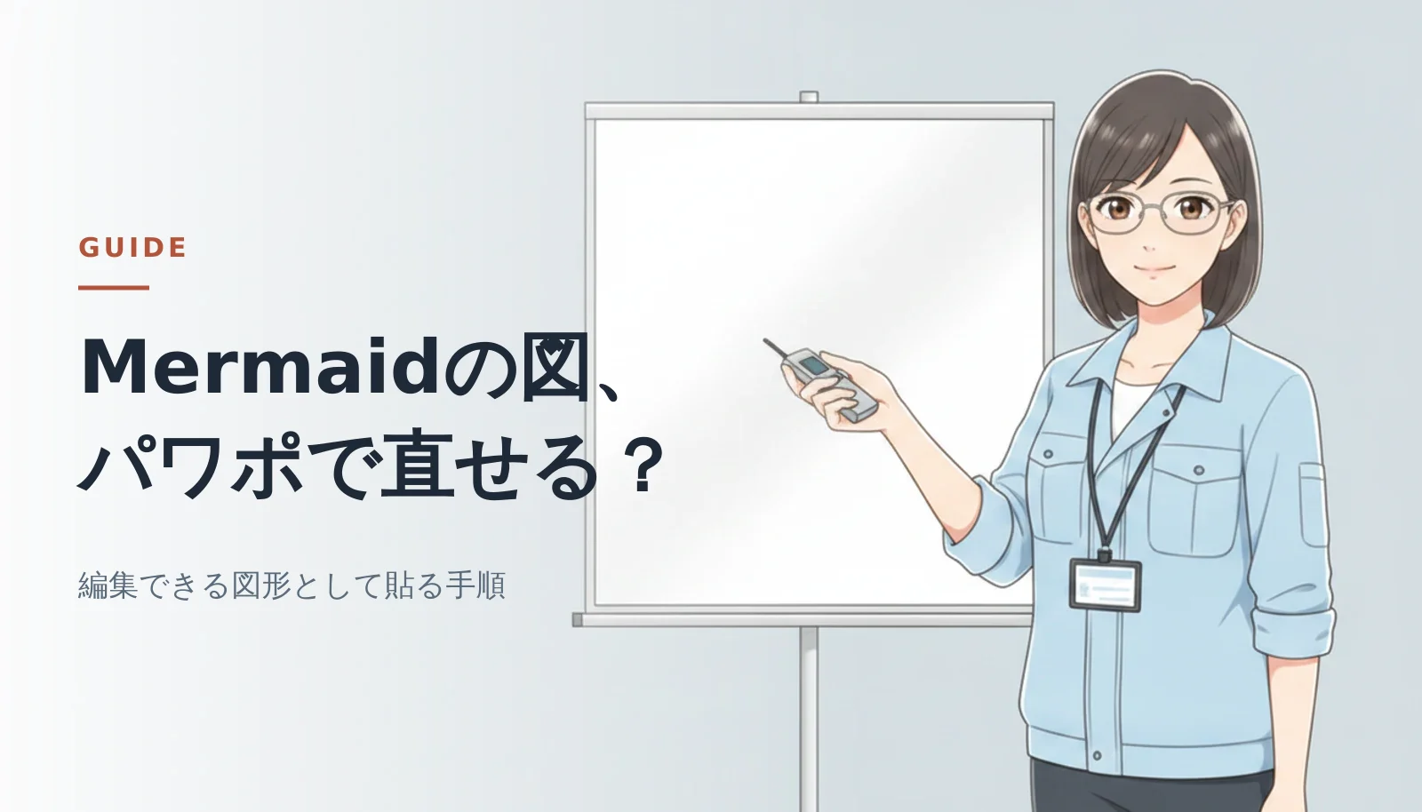 案内役の女性が、スタンドに立てた白いプレゼンボードの横でリモコンを手に微笑んでいる。左側に「Mermaidの図、パワポで直せる?」のキャッチコピーと「編集できる図形として貼る手順」の説明文