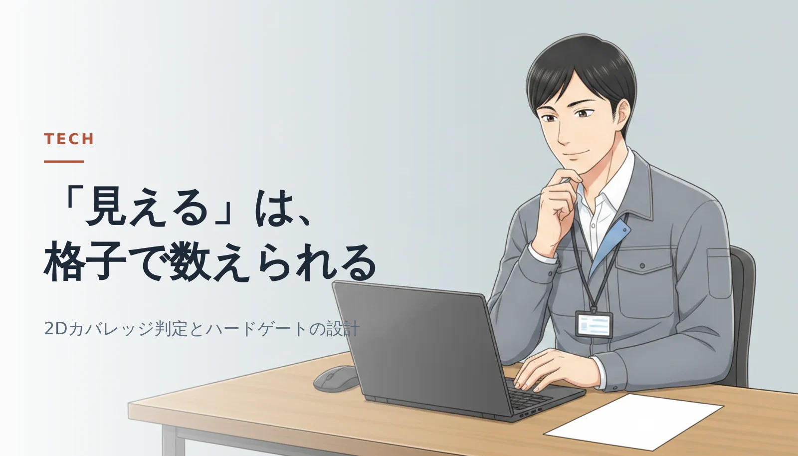 案内役の男性がノートPCの前で顎に手を当てて考えている。左側に「「見える」は、格子で数えられる」のキャッチコピーと「2Dカバレッジ判定とハードゲートの設計」の説明文