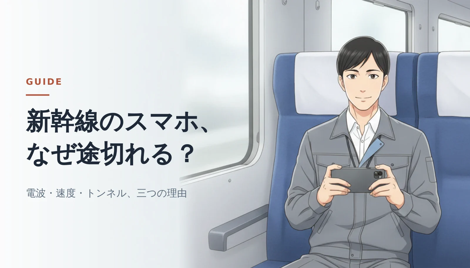 案内役の男性が新幹線の座席に座り、スマートフォンを両手で持ってこちらを見ている。左側に「新幹線のスマホ、なぜ途切れる？」のキャッチコピーと「電波・速度・トンネル、三つの理由」の説明文