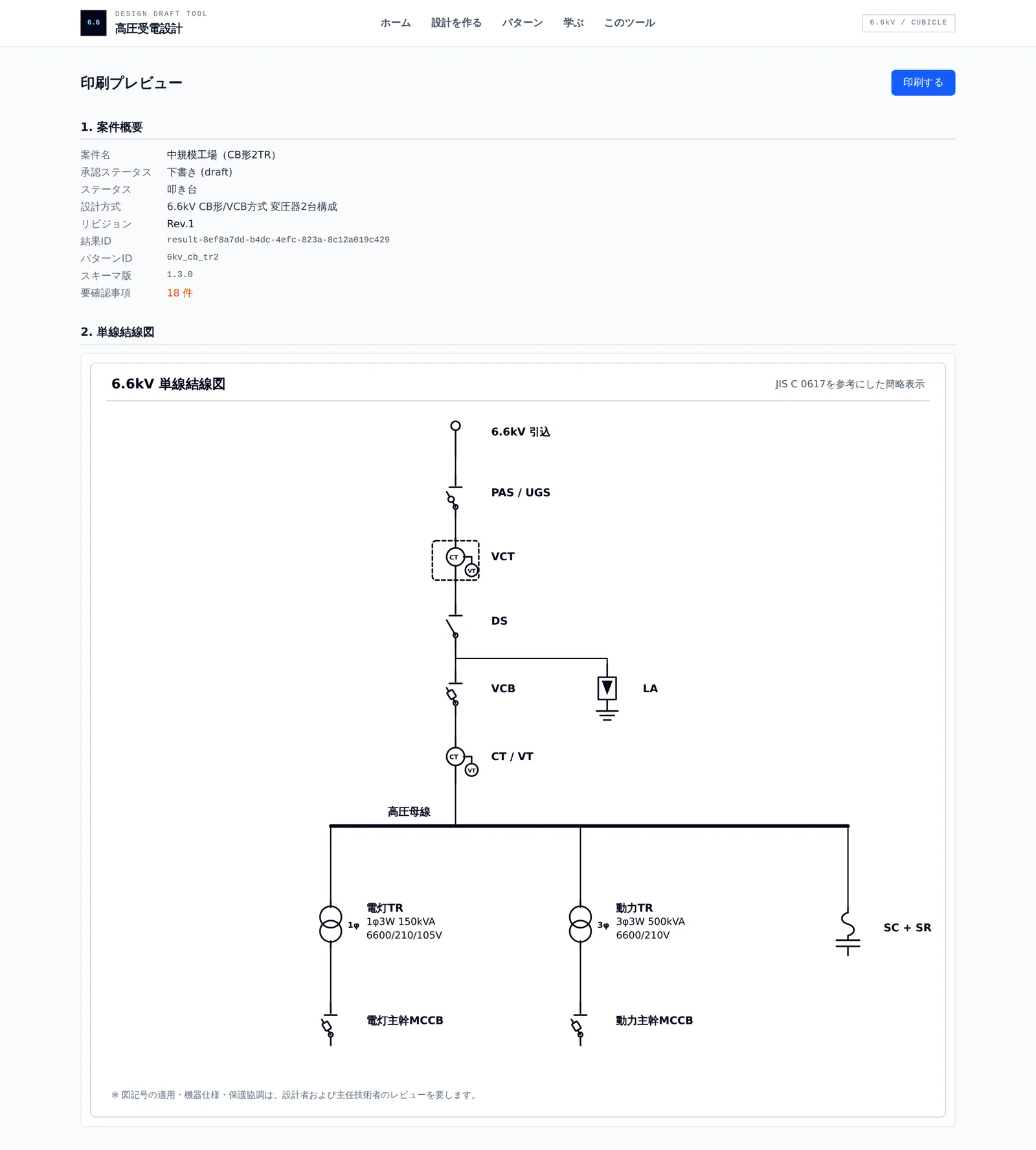 単線結線図ジェネレータの生成結果画面。案件概要に「中規模工場（CB形2TR）」「6.6kV CB形/VCB方式 変圧器2台構成」と表示され、その下の単線結線図には上から6.6kV引込、PAS/UGS、VCT、DS、VCB、分岐したLA、CT/VTが並び、高圧母線から電灯TR（1φ3W 150kVA 6600/210/105V）と動力TR（3φ3W 500kVA 6600/210V）、SC+SRが分かれ、各変圧器の下に電灯主幹MCCBと動力主幹MCCBが描かれている